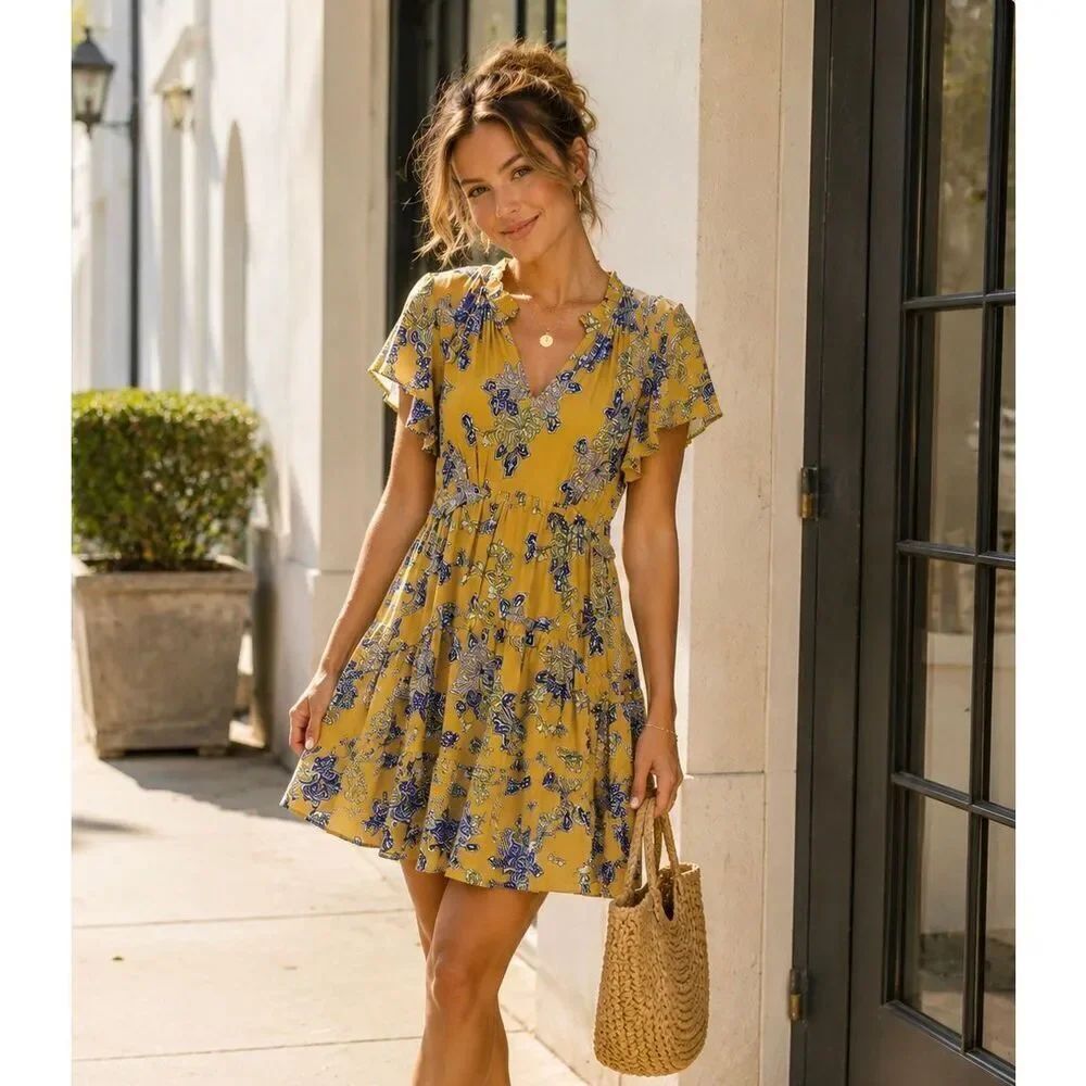 Anthropologie Robin Tiered Mini Dress Women’s XS Yellow Floral